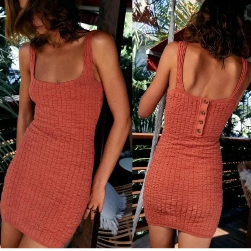 Free People beach boho Button Back Square Neck Mini Dress brown/tan Size Small S